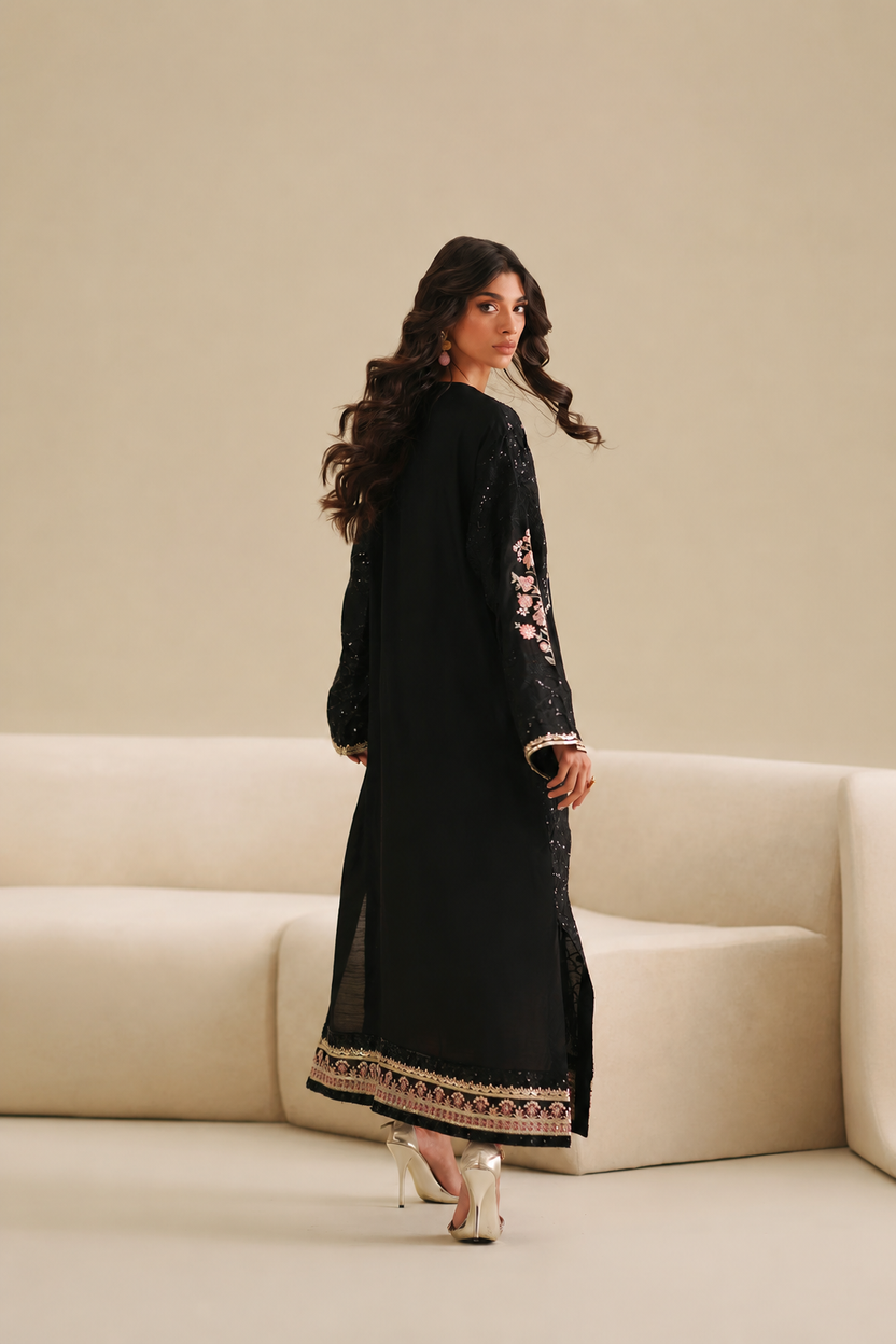Black 2-Piece Ready to Wear Embroidered Shamoze Silk Suit