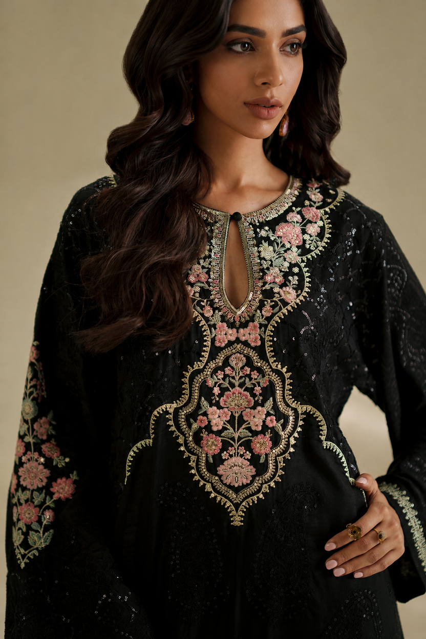 Black 2-Piece Ready to Wear Embroidered Shamoze Silk Suit