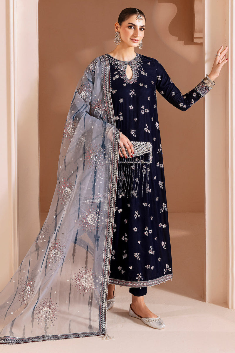 Navy Blue Velvet Heavy Sequined Embroidered 3-Piece Suit – Ready-to-Wear
