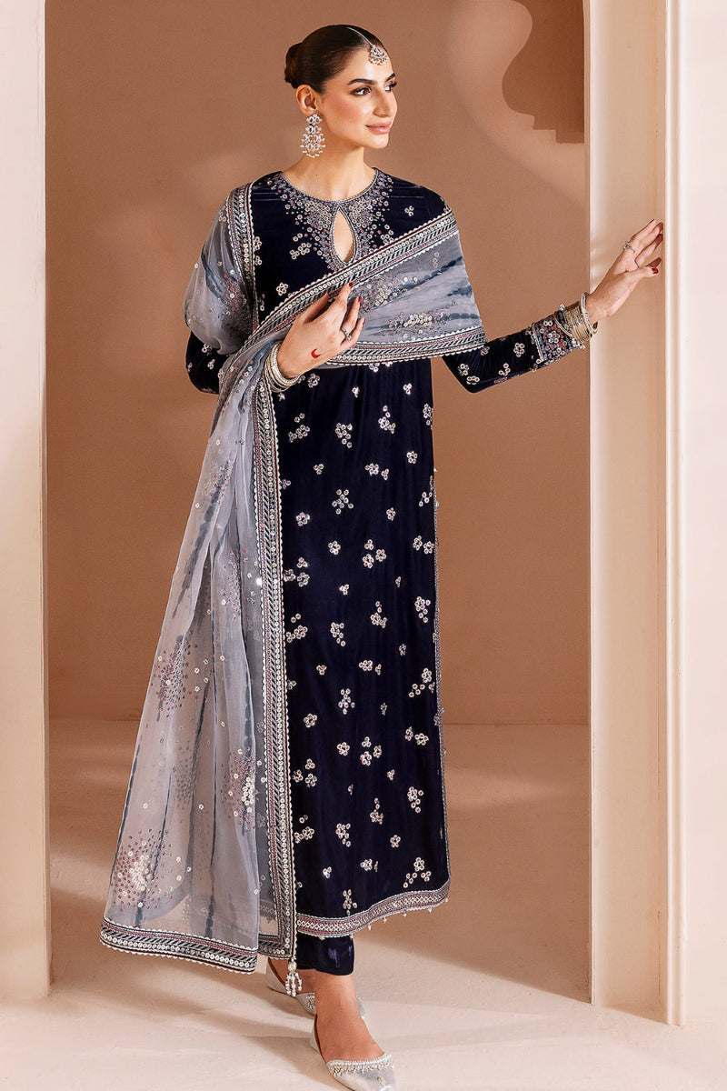 Navy Blue Velvet Heavy Sequined Embroidered 3-Piece Suit – Ready-to-Wear