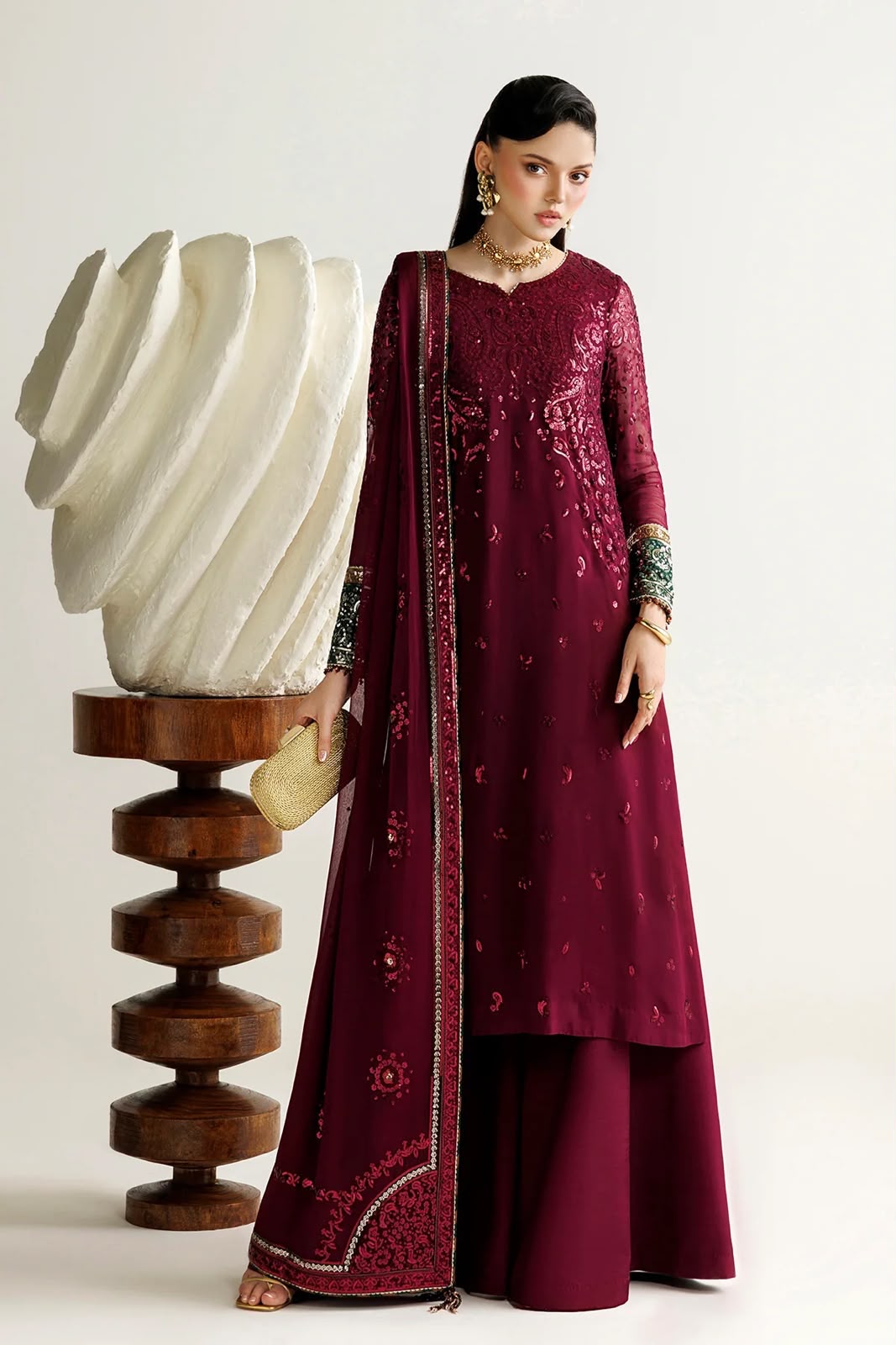 Maroon Semi Pure Chiffon 3 piece suit | Ready To Wear