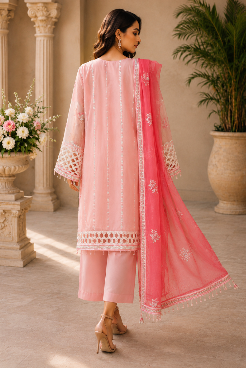 Soft Pink Luxury Semi Pure Chiffon Embroidered 3-Piece Suit | Ready to Wear