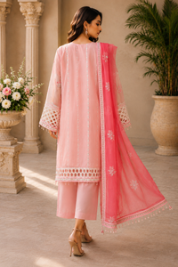 Soft Pink Luxury Semi Pure Chiffon Embroidered 3-Piece Suit | Ready to Wear