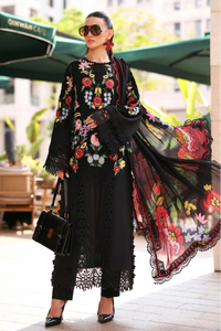 Deep Noir & Multicolor Embroidered Lawn Suit With Printed Silk Dupatta | Ready To Wear
