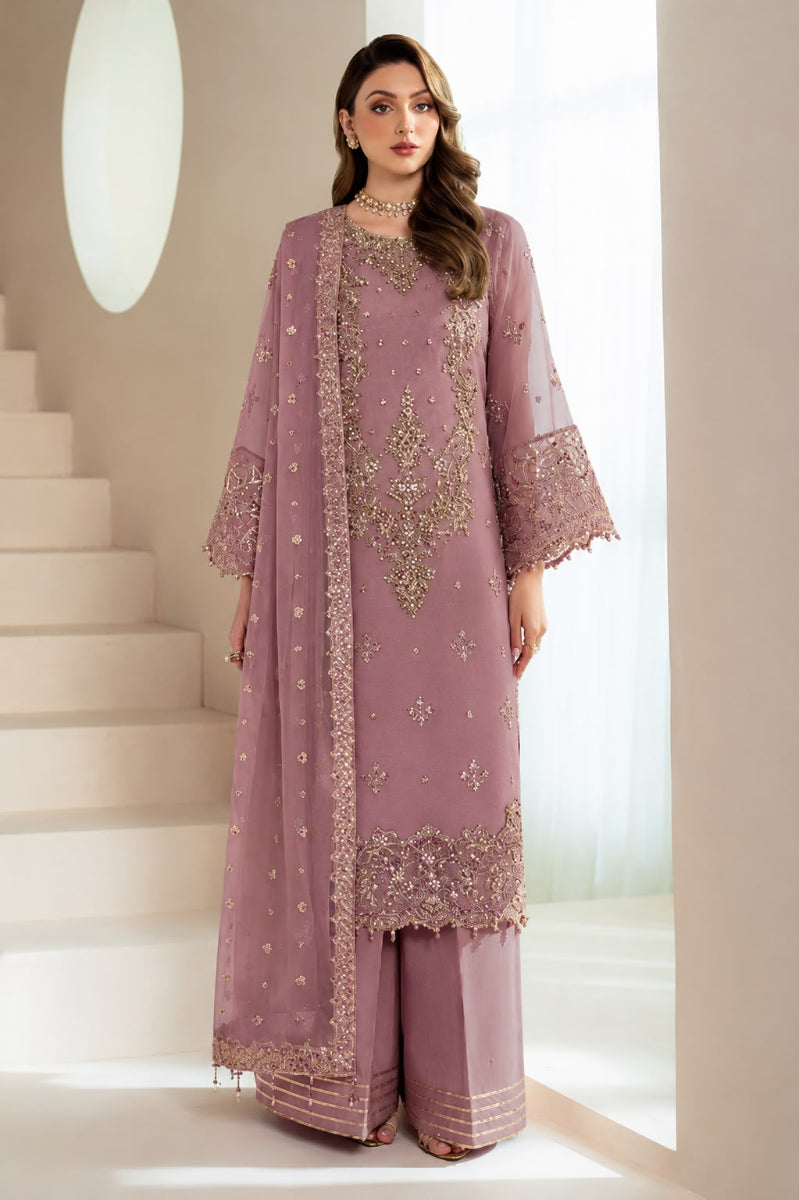 Mauve Pink Organza Embroidered 3-Piece Suit |  Ready to Wear