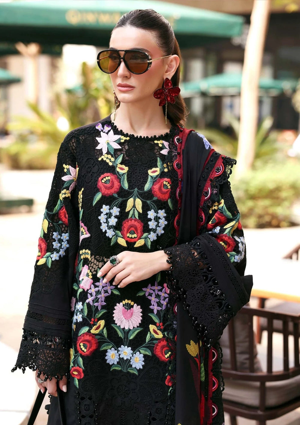 Deep Noir & Multicolor Embroidered Lawn Suit With Printed Silk Dupatta | Ready To Wear