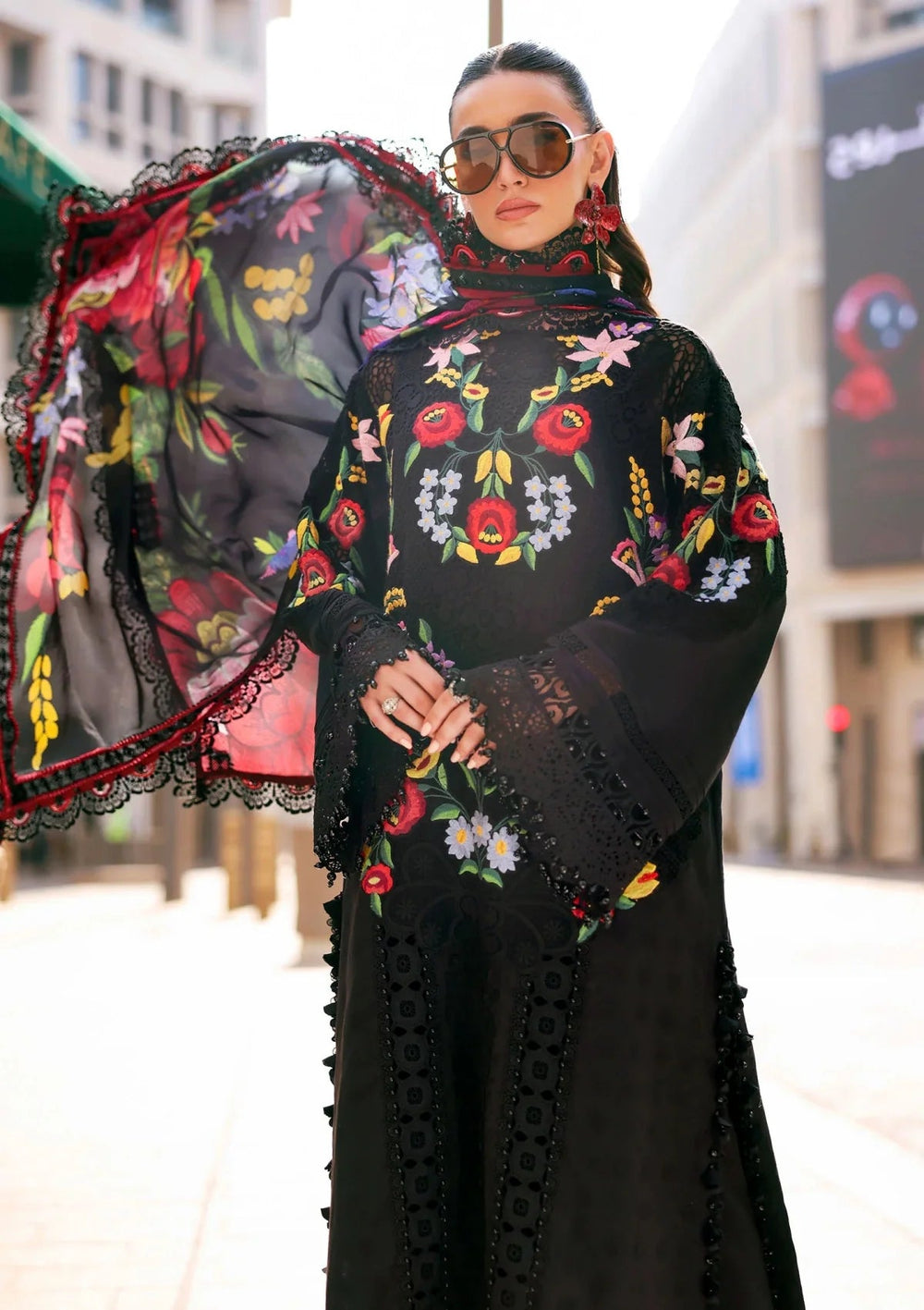 Deep Noir & Multicolor Embroidered Lawn Suit With Printed Silk Dupatta | Ready To Wear