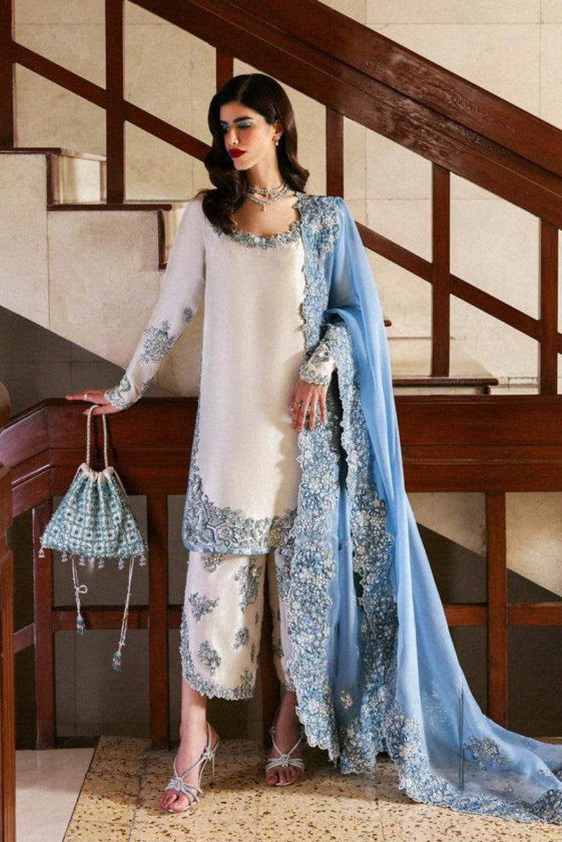 Off-White and Light Blue Raw 3 piece Silk suit | Ready to Wear
