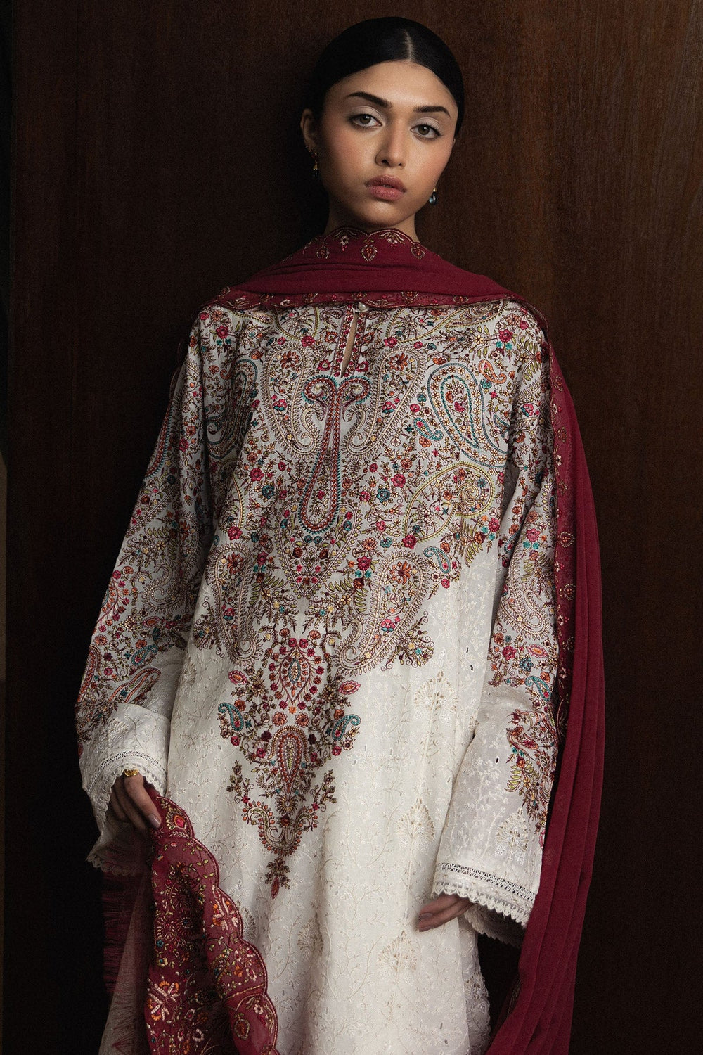 Ivory Kashmiri: Embroidered Lawn Long Kurta | Ready To Wear