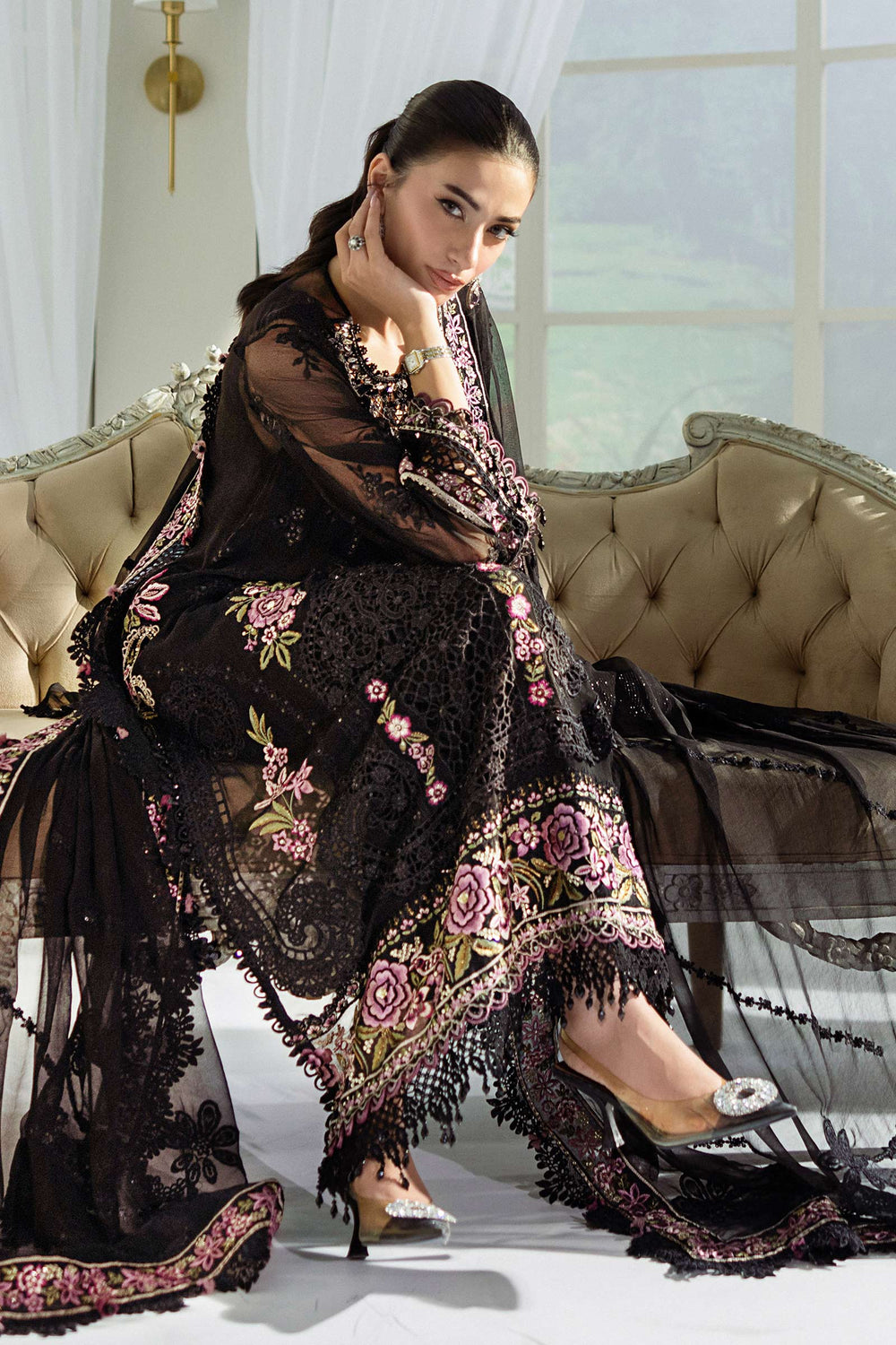 Jet Black & Blush Pink Accent: Embroidered Chiffon Suit | Ready To Wear
