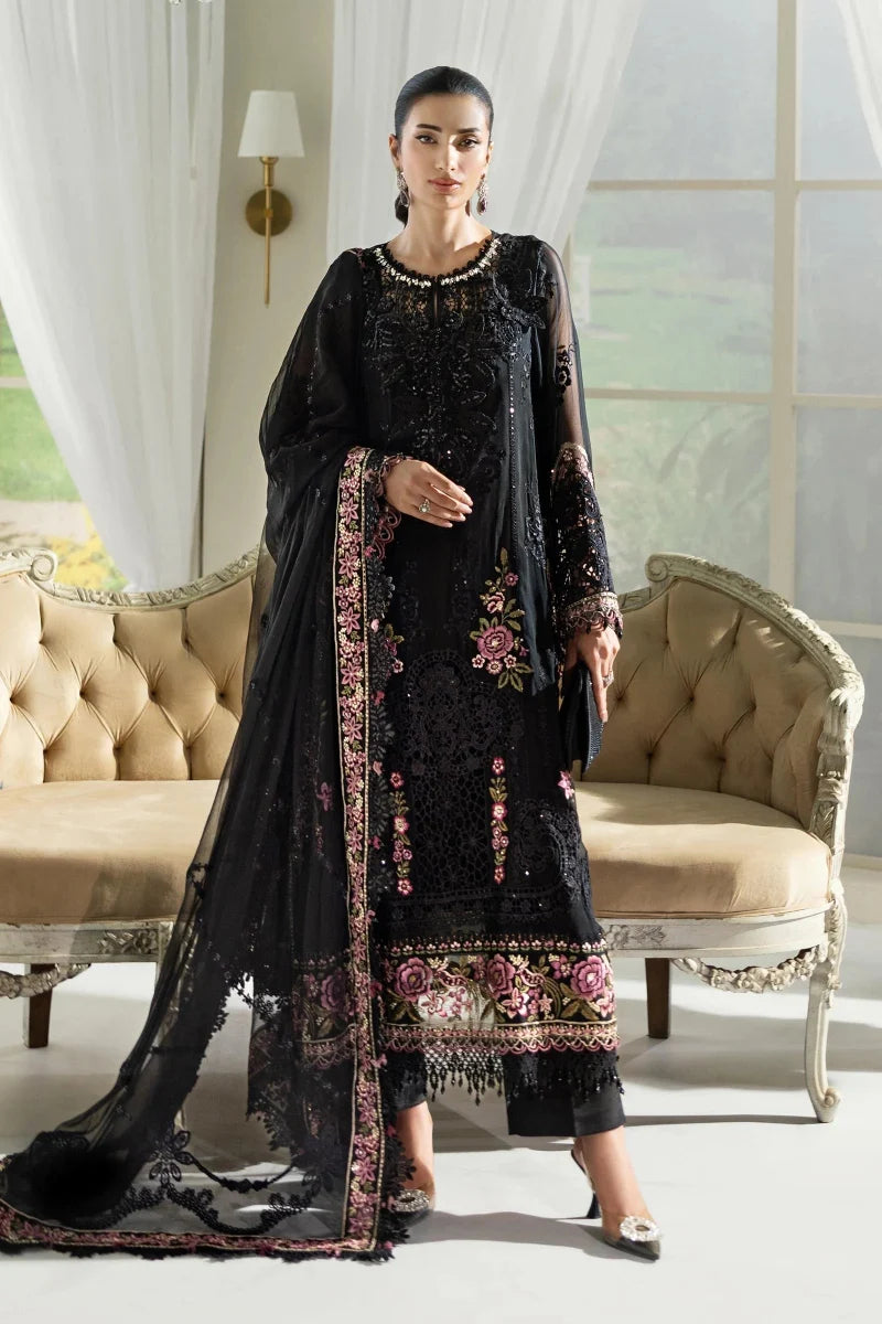 Jet Black & Blush Pink Accent: Embroidered Chiffon Suit | Ready To Wear