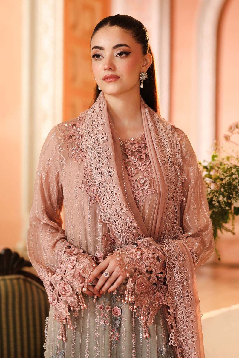 Dusty Pink & Grey-Ash Heavy Embroidered Tie-Dye Chiffon 3-Piece Suit | Ready To Wear