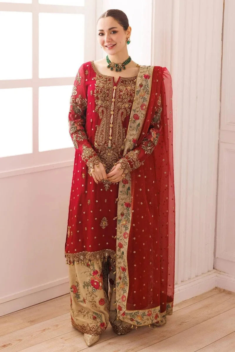 Bridal Red Embroidered Chiffon Suit With Organza Dupatta | Ready To Wear