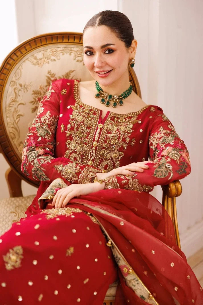 Bridal Red Embroidered Chiffon Suit With Organza Dupatta | Ready To Wear