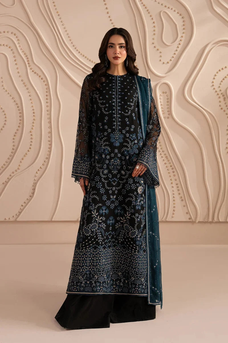 Jet Black & Oceanic Teal: Embroidered Chiffon Suit | Ready To Wear