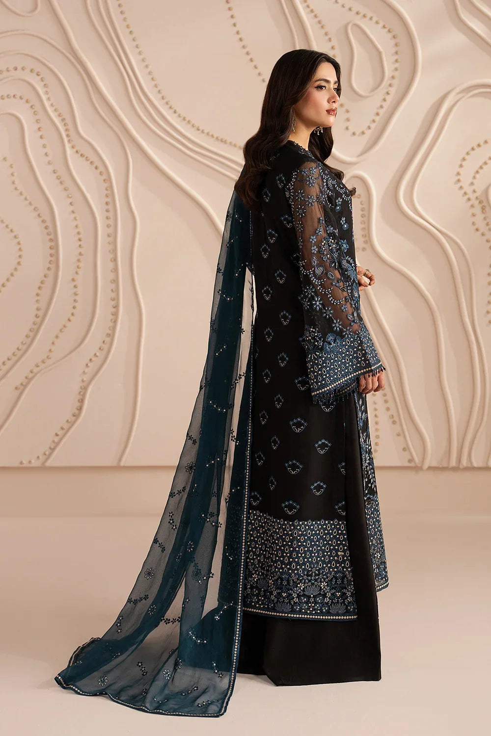 Jet Black & Oceanic Teal: Embroidered Chiffon Suit | Ready To Wear