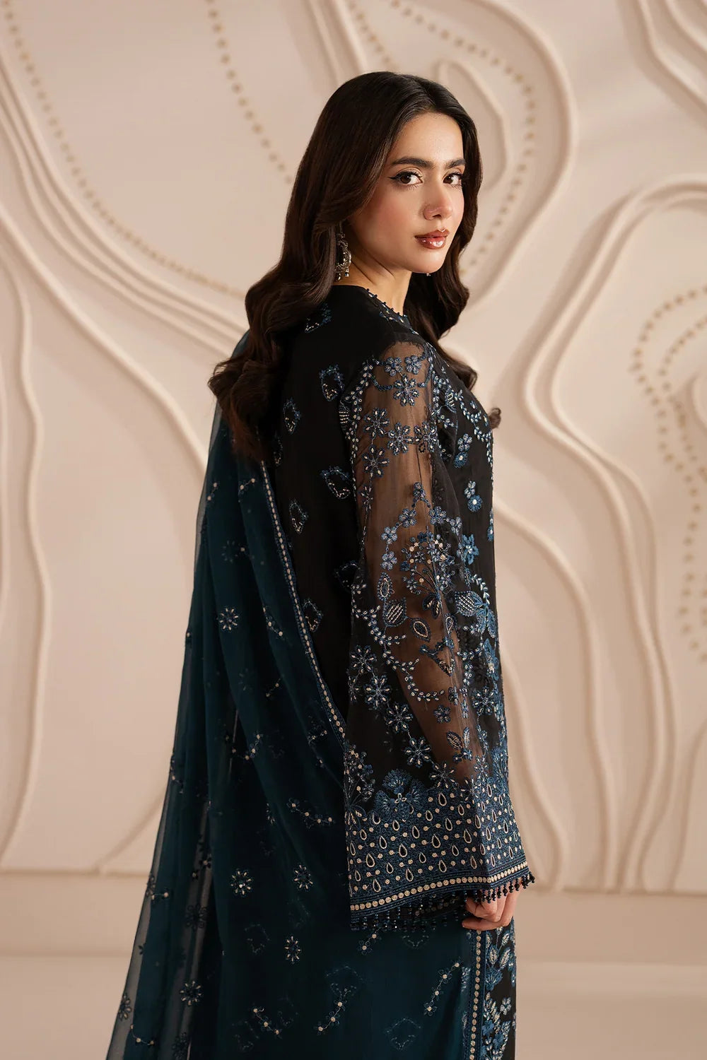Jet Black & Oceanic Teal: Embroidered Chiffon Suit | Ready To Wear