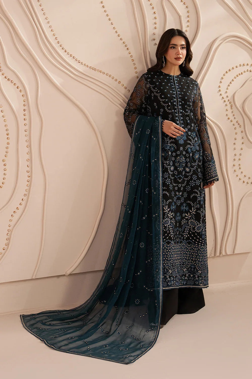 Jet Black & Oceanic Teal: Embroidered Chiffon Suit | Ready To Wear