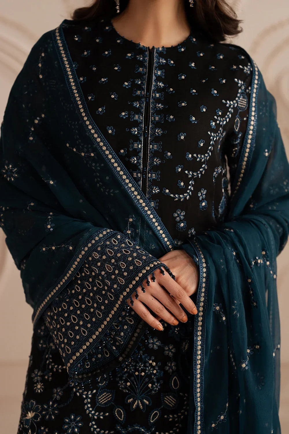 Jet Black & Oceanic Teal: Embroidered Chiffon Suit | Ready To Wear
