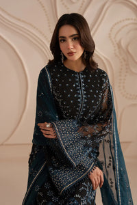 Jet Black & Oceanic Teal: Embroidered Chiffon Suit | Ready To Wear