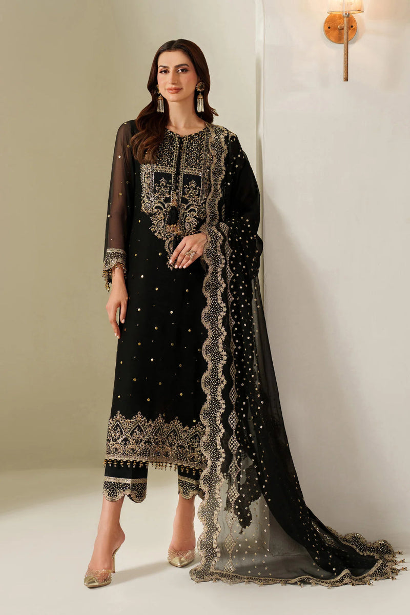 Jet Black Luxury Chiffon Embroidered 3-Piece Suit | Ready to Wear