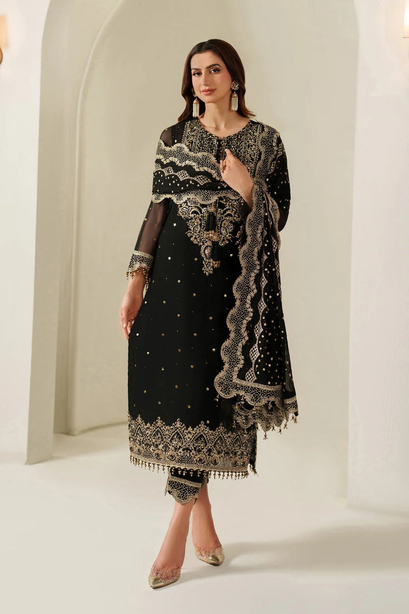 Jet Black Luxury Chiffon Embroidered 3-Piece Suit | Ready to Wear