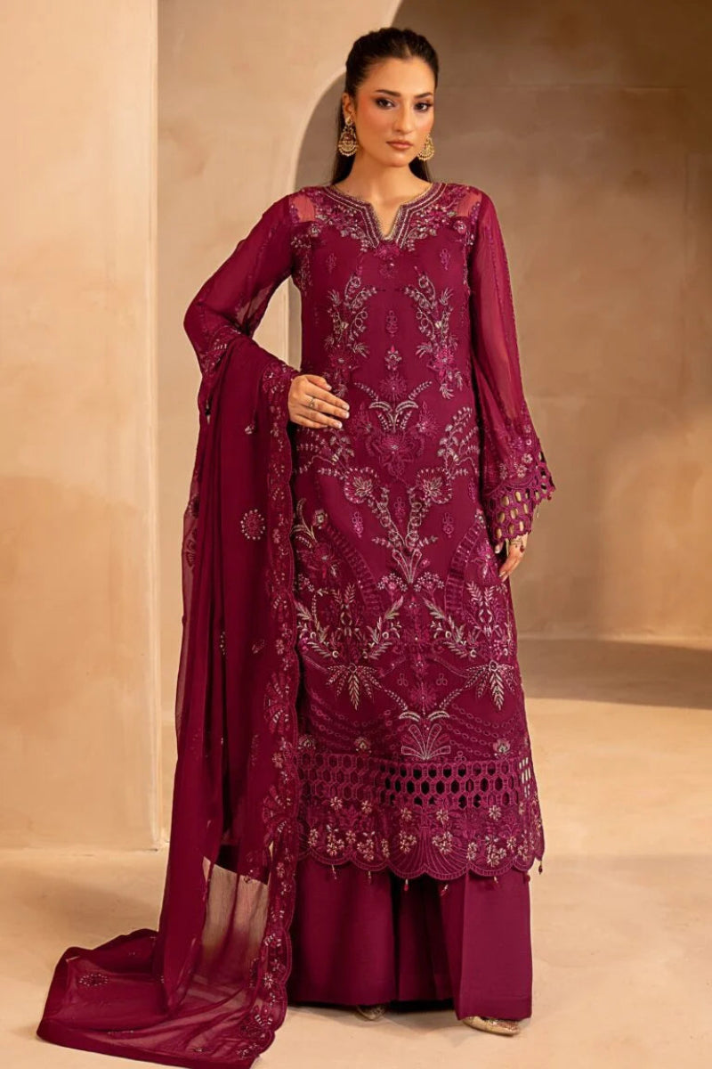 Maroon Embroidered Chiffon 3-Piece Suit | Ready to Wear