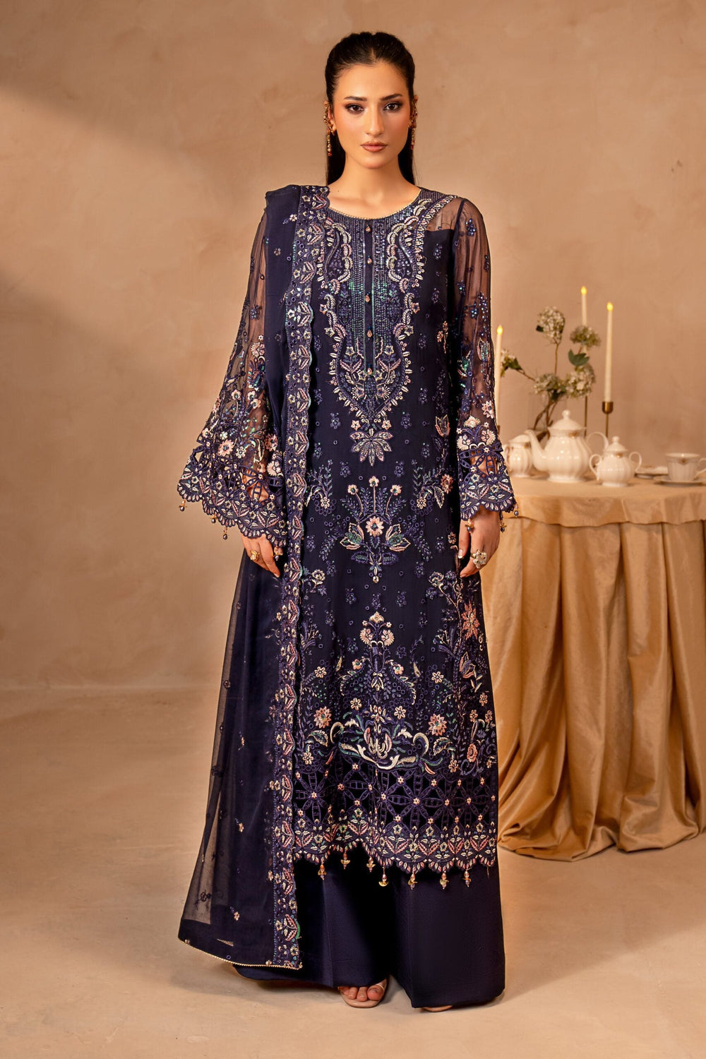 Midnight Blue & Antique Pastel: Embroidered Chiffon Suit | Ready To Wear