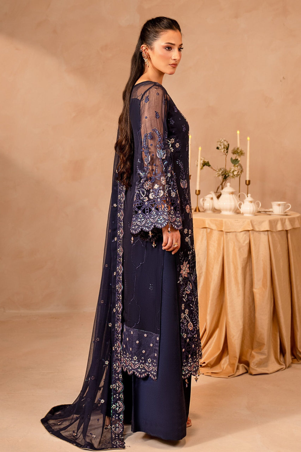Midnight Blue & Antique Pastel: Embroidered Chiffon Suit | Ready To Wear