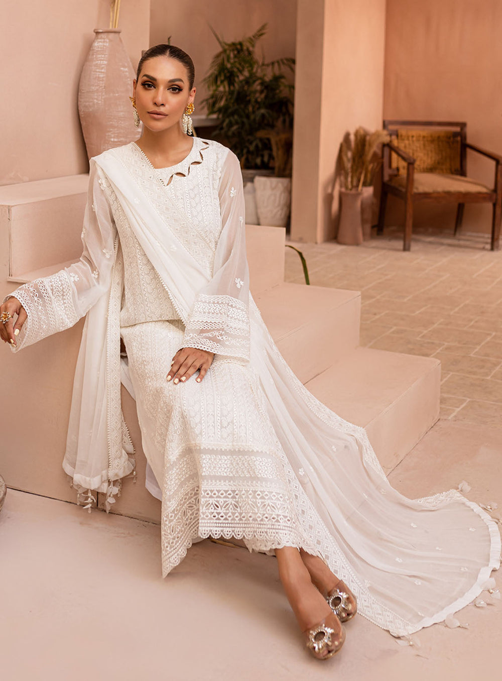 3-Piece Semi Pure Chiffon Embroidered Suit - Ready  To  Wear