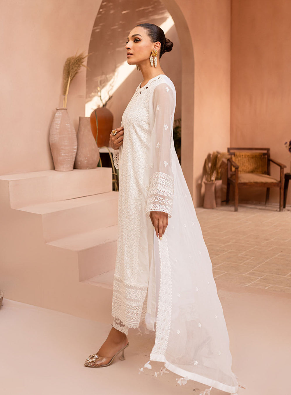 3-Piece Semi Pure Chiffon Embroidered Suit - Ready  To  Wear
