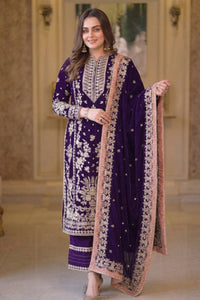 Royal Purple Chiffon 3-Piece Sequence Embroidered Suit | Ready To Wear