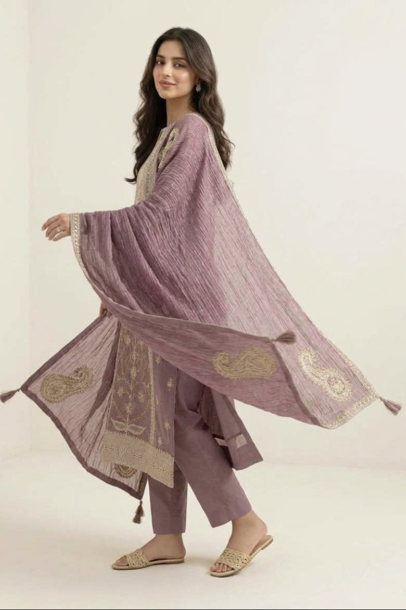 Mauve Lava Silk Hand-Embroidered 3-Piece Suit | Ready to Wear