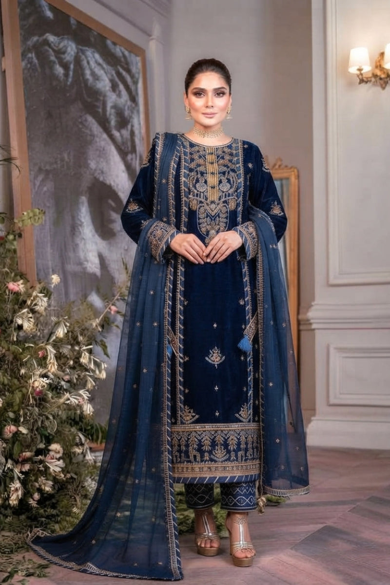Royal Blue Heavy Embroidered Velvet Suit | Ready To Wear