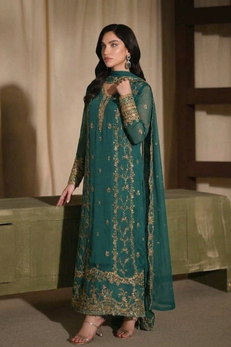 Emerald Green Chiffon Heavy Embroidered 3-Piece suit | Ready to Wear