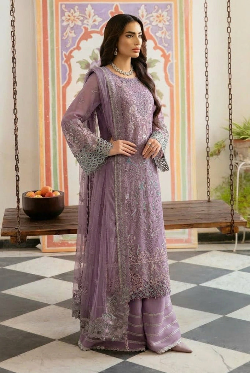 Lavender Embroidered Chiffon 3-Piece Suit | Ready to Wear
