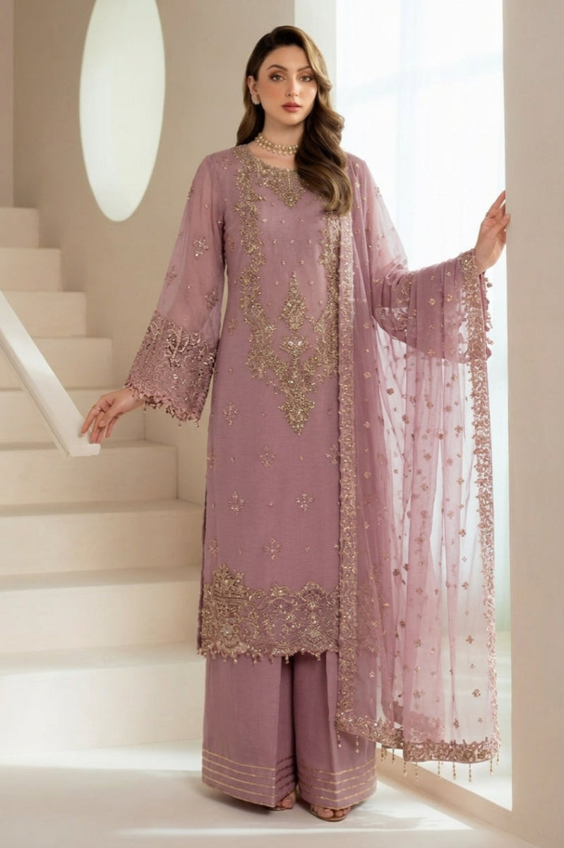 Mauve Pink Organza Embroidered 3-Piece Suit |  Ready to Wear