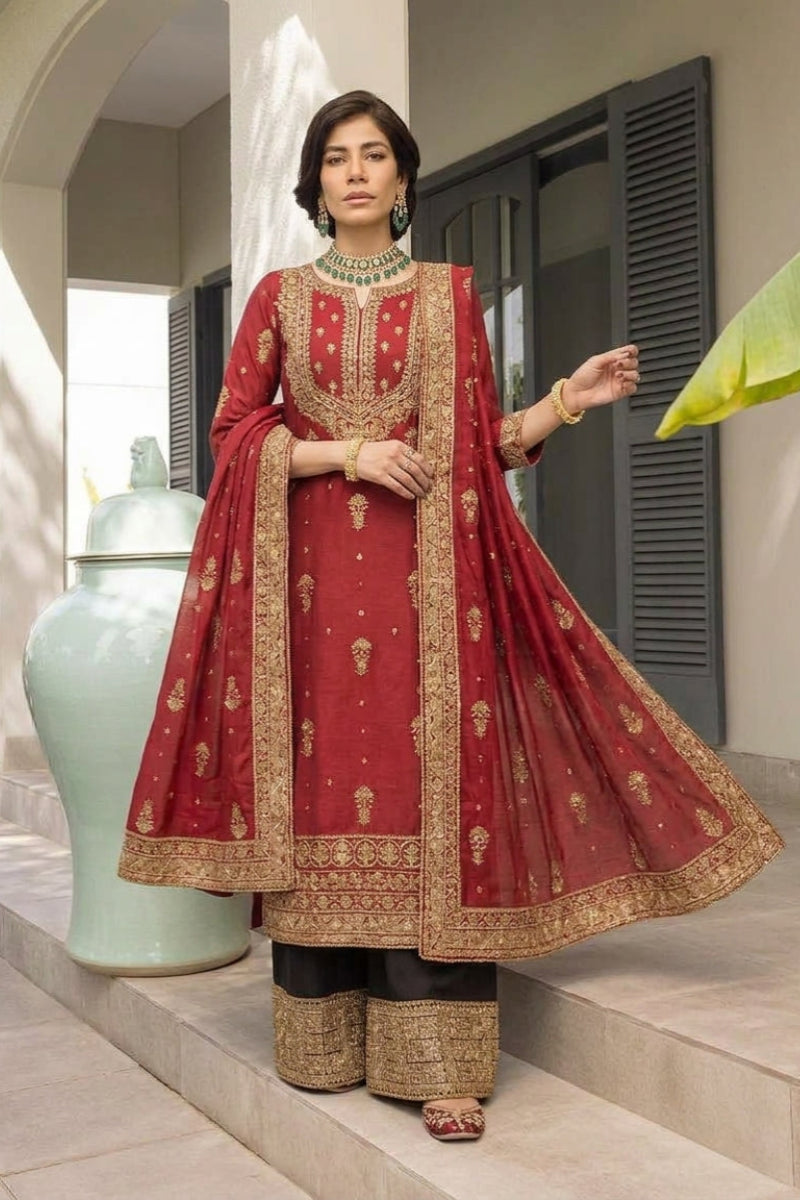 Red Semi Pure Chiffon Sequence Embroidered 3-Piece suit | Ready to Wear