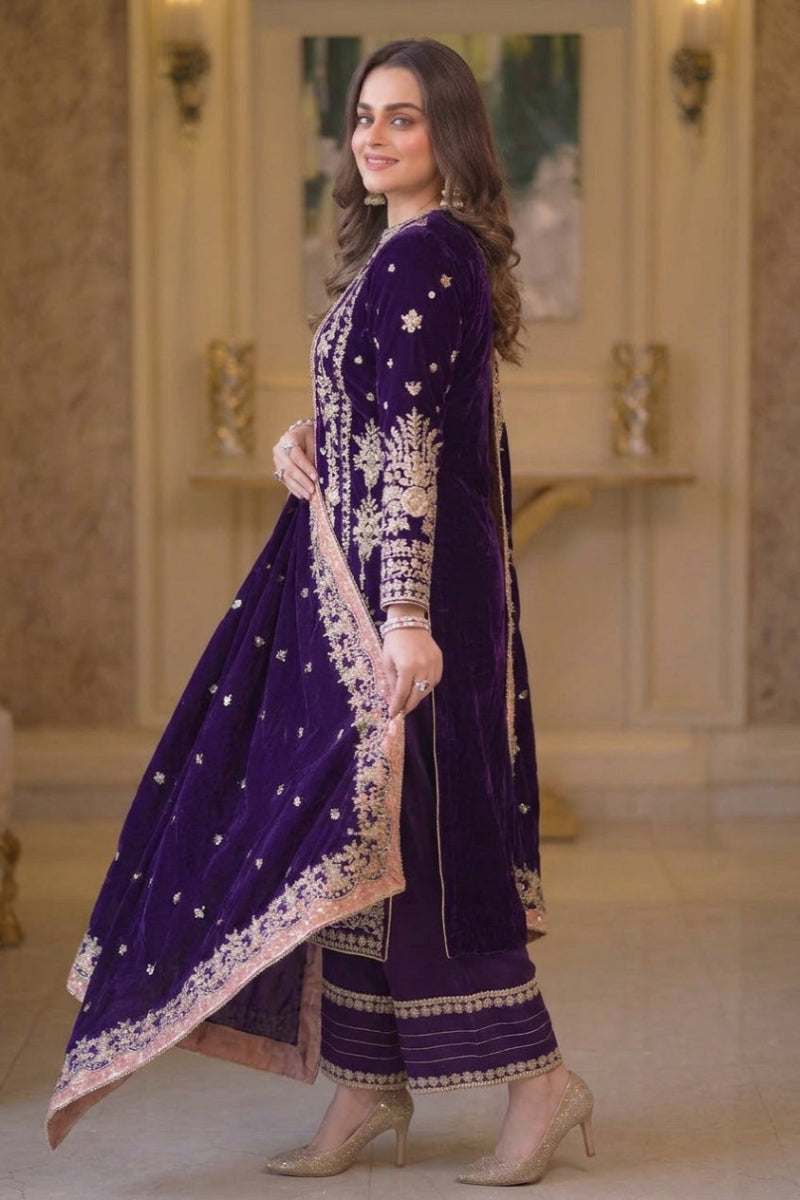 Royal Purple Chiffon 3-Piece Sequence Embroidered Suit | Ready To Wear