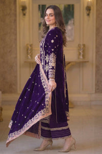 Royal Purple Chiffon 3-Piece Sequence Embroidered Suit | Ready To Wear