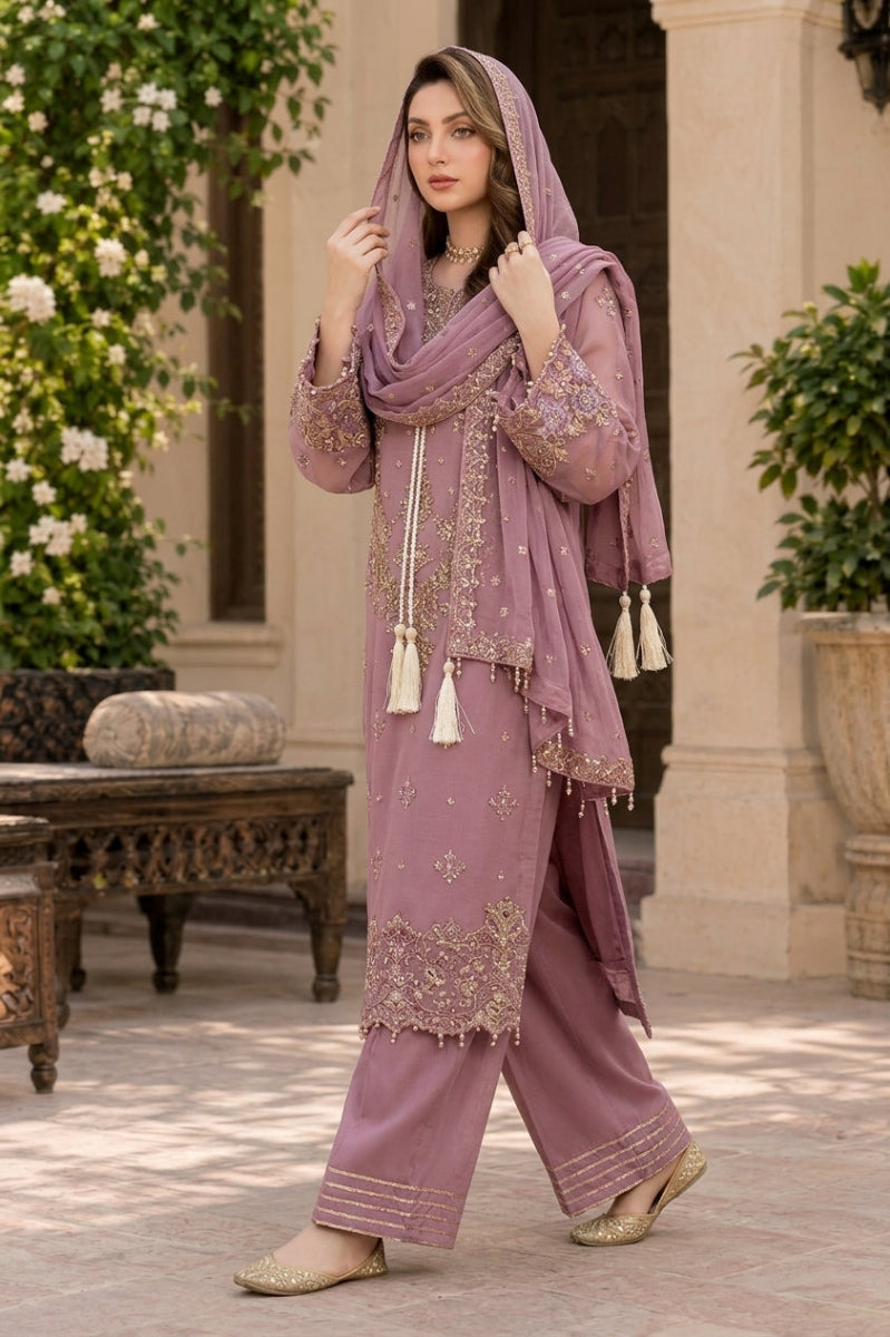 Mauve Pink Organza Embroidered 3-Piece Suit |  Ready to Wear
