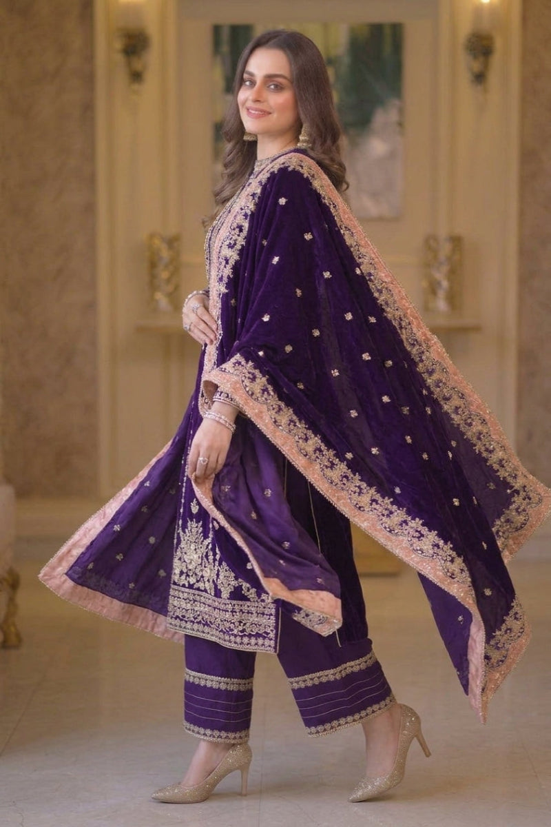 Royal Purple Chiffon 3-Piece Sequence Embroidered Suit | Ready To Wear