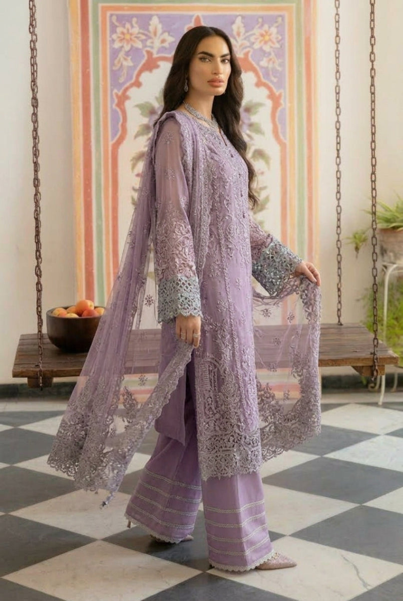 Lavender Embroidered Chiffon 3-Piece Suit | Ready to Wear