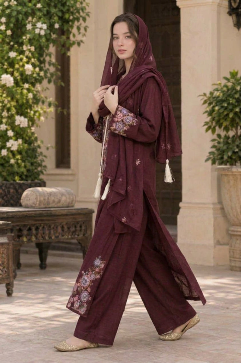 Plum / Deep Maroon  Luxury Shamoz Silk Embroidered 3-Piece Suit | Ready to Wear
