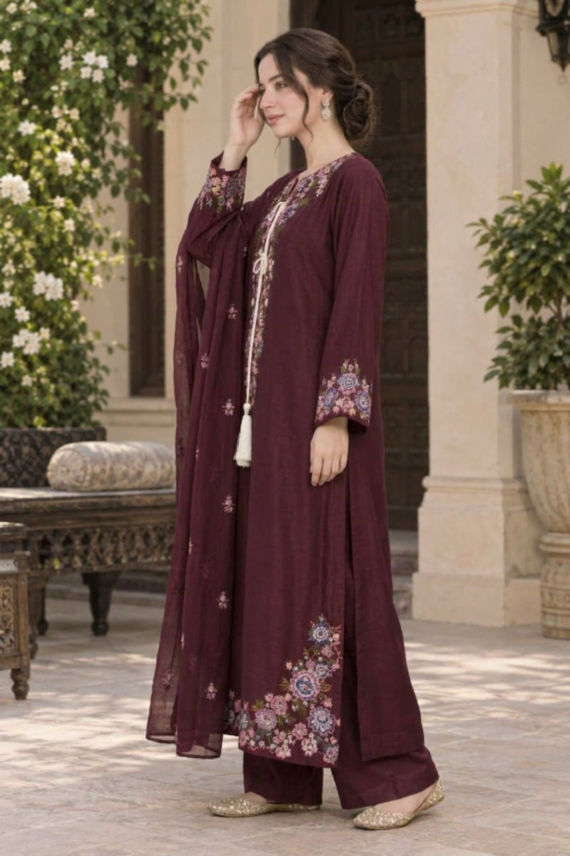 Plum / Deep Maroon  Luxury Shamoz Silk Embroidered 3-Piece Suit | Ready to Wear