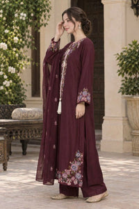 Plum / Deep Maroon  Luxury Shamoz Silk Embroidered 3-Piece Suit | Ready to Wear