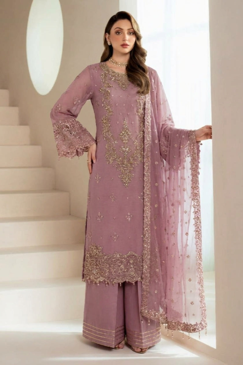 Mauve Pink Organza Embroidered 3-Piece Suit |  Ready to Wear