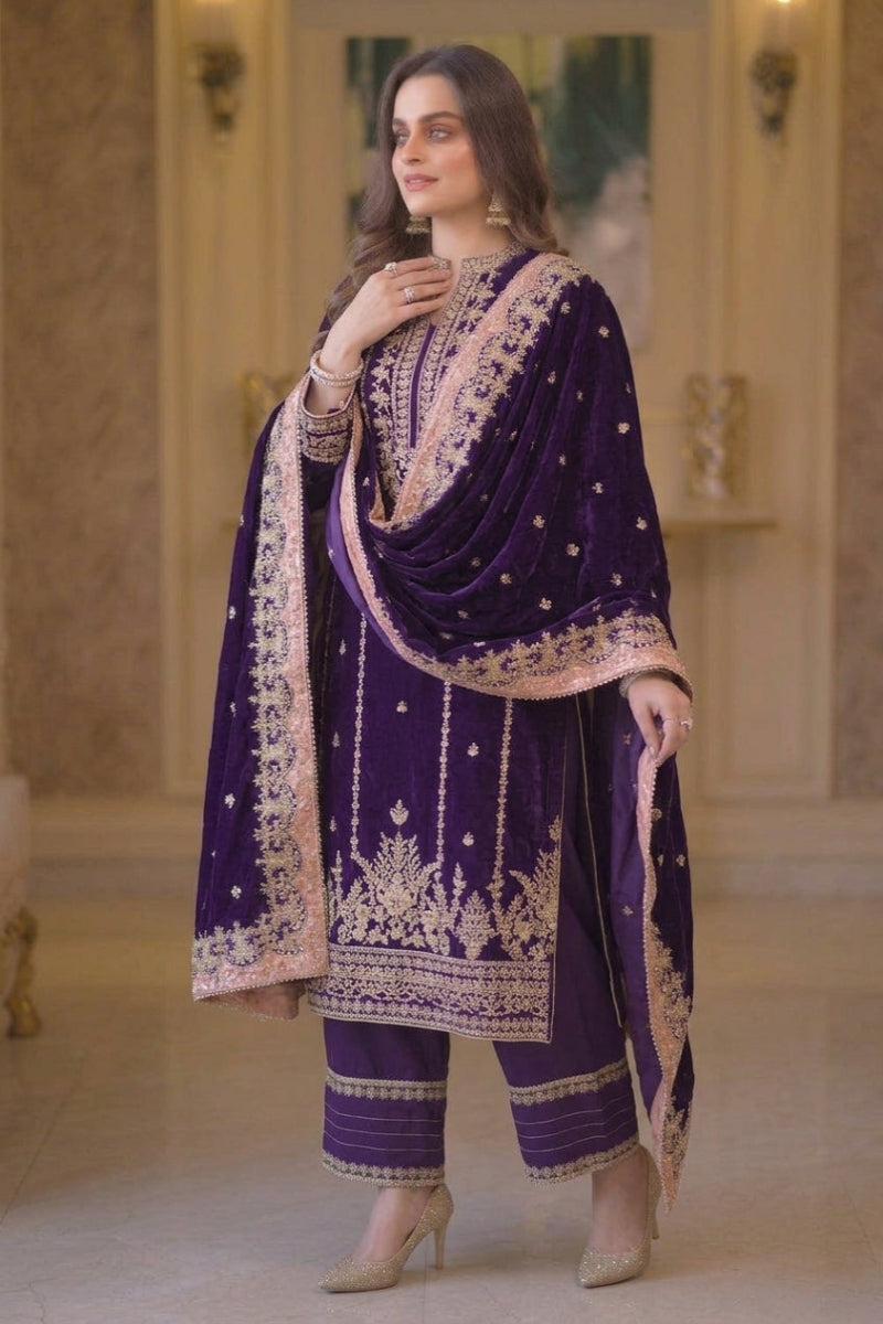Royal Purple Chiffon 3-Piece Sequence Embroidered Suit | Ready To Wear