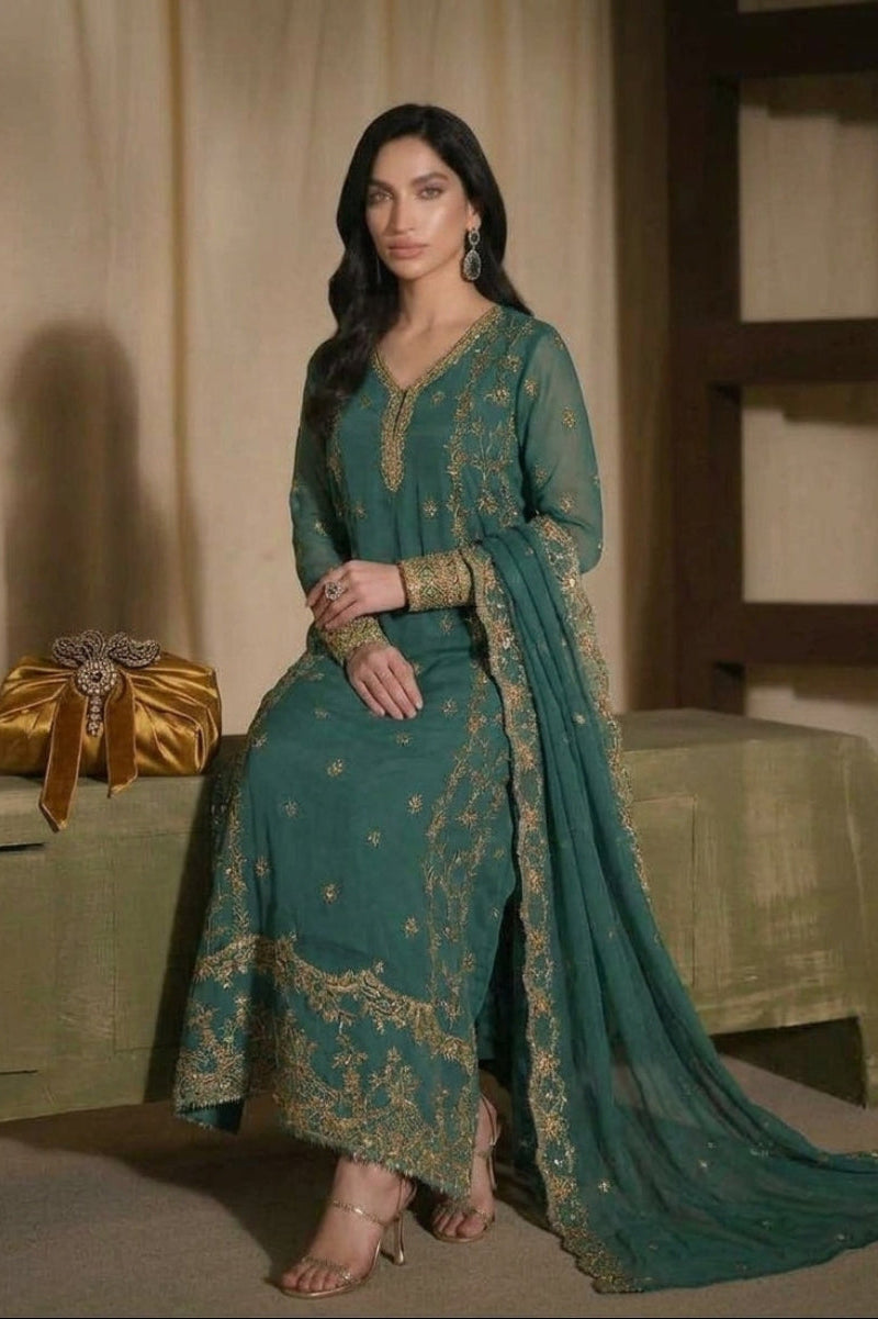 Emerald Green Chiffon Heavy Embroidered 3-Piece suit | Ready to Wear