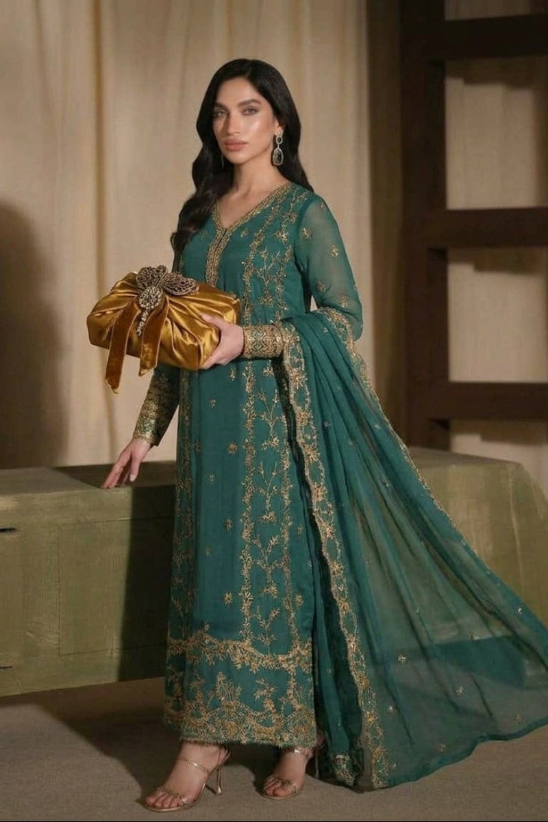 Emerald Green Chiffon Heavy Embroidered 3-Piece suit | Ready to Wear